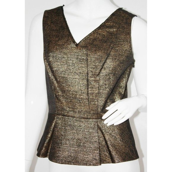 TAHARI  Addyson PEPLUM Black Gold TOP Lined METALLIC Shirt $198 - Picture 1 of 2